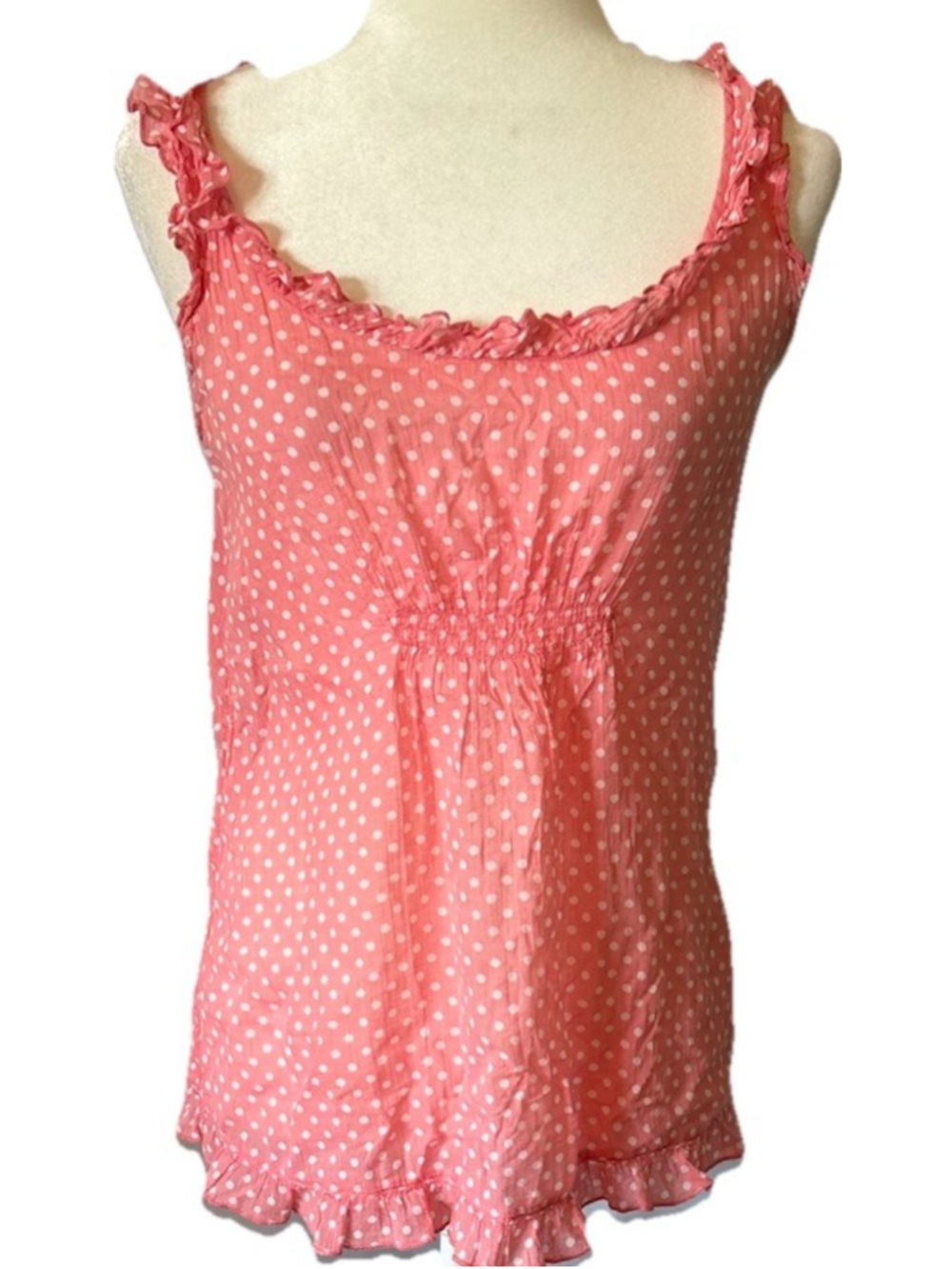 Vintage-Vibe Old Navy Pink & White Polka Dot Ruffle Tank Top - Size Small